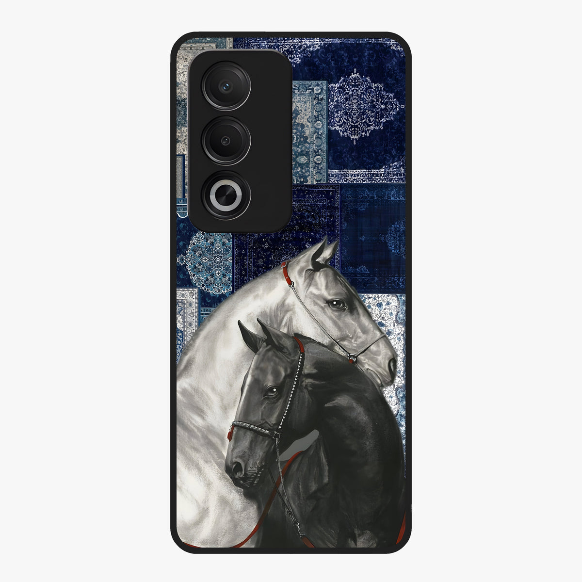 Midnight Stallion Blues Glass Case showing flat back view with majestic horse artwork and glossy glass finish.