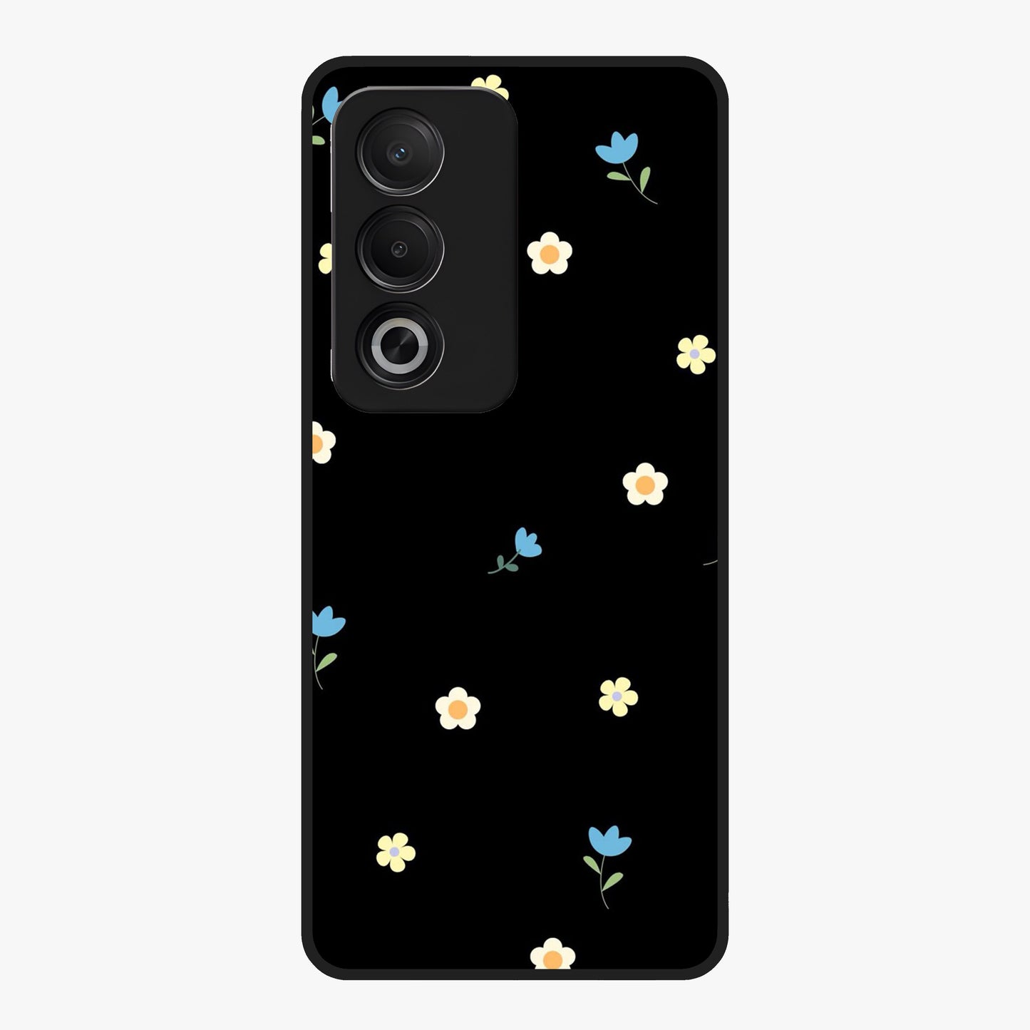 Minimalistic Blue With White Flower Pattern Glass Case showing flat back view with blue background and white flower pattern and glossy glass finish.