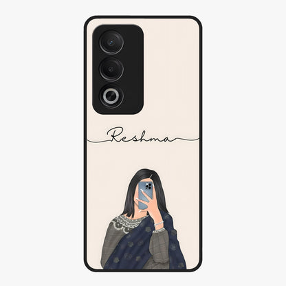 Mirror Mood Muse With Custom Name Glass Case showing flat back view with stylish mirrored artwork and personalized name design.