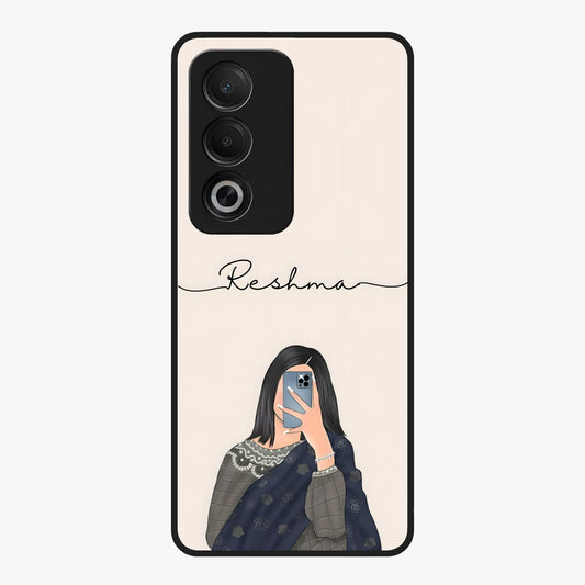 Mirror Mood Muse With Custom Name Glass Case showing flat back view with stylish mirrored artwork and personalized name design.