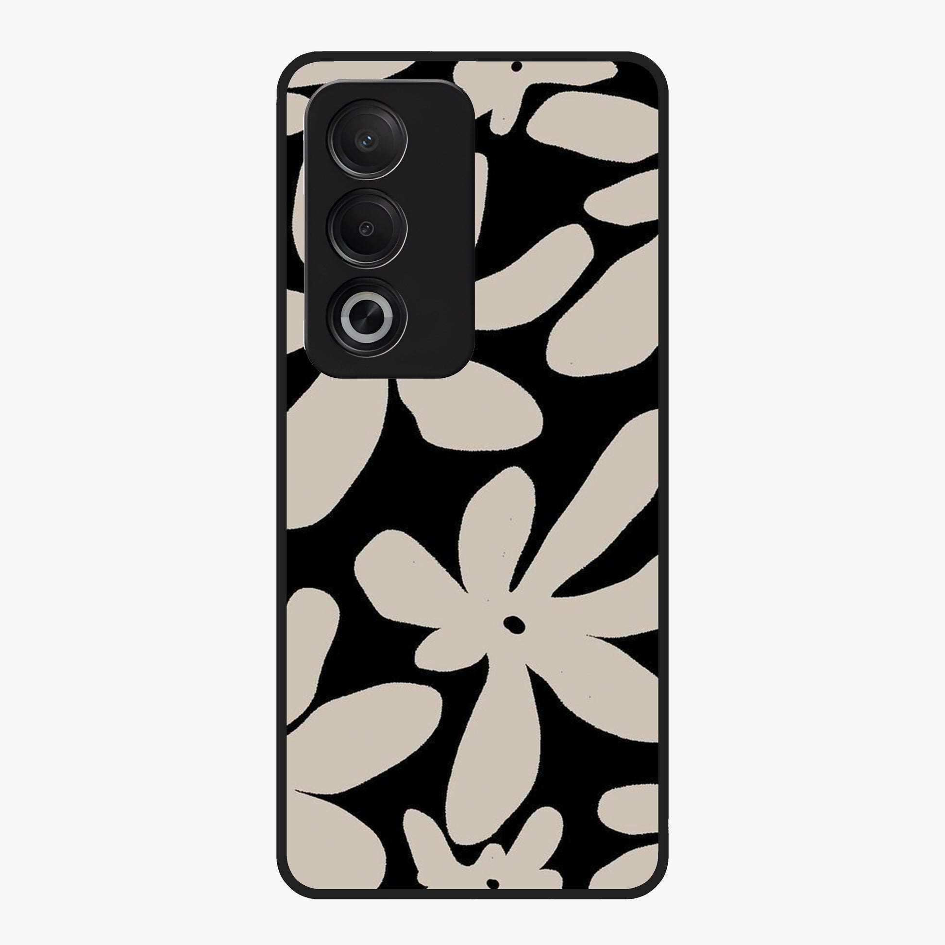 Monochrome Petal Dance Glass Case showing flat back view with monochrome floral artwork and glossy glass finish.