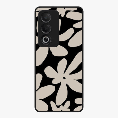 Monochrome Petal Dance Glass Case showing flat back view with monochrome floral artwork and glossy glass finish.