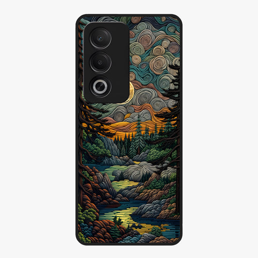 Moonlight Forest Dream Glass Case showing flat back view with mystical forest moonlight artwork and glossy glass finish.