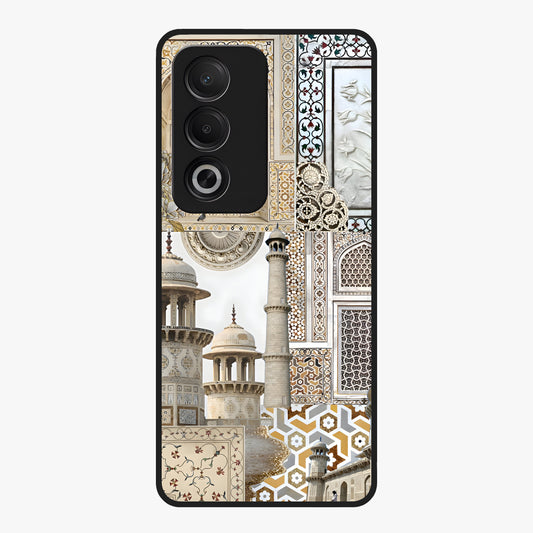 Mughal Marble Legacy Glass Case showing flat back view with intricate Mughal inspired marble pattern and glossy glass finish.
