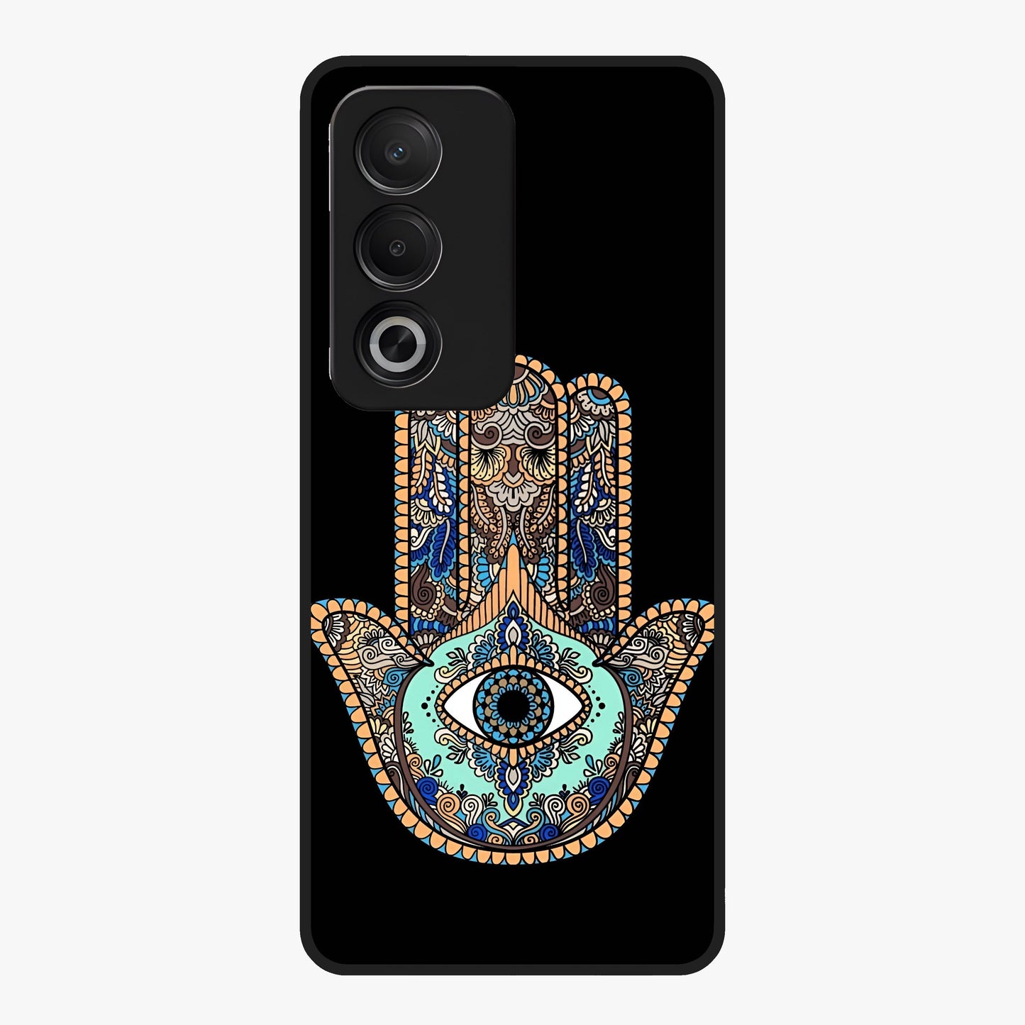 Mystic Hamsa Eye Glass Case showing flat back view with protective hamsa hand and evil eye artwork and glossy glass finish.
