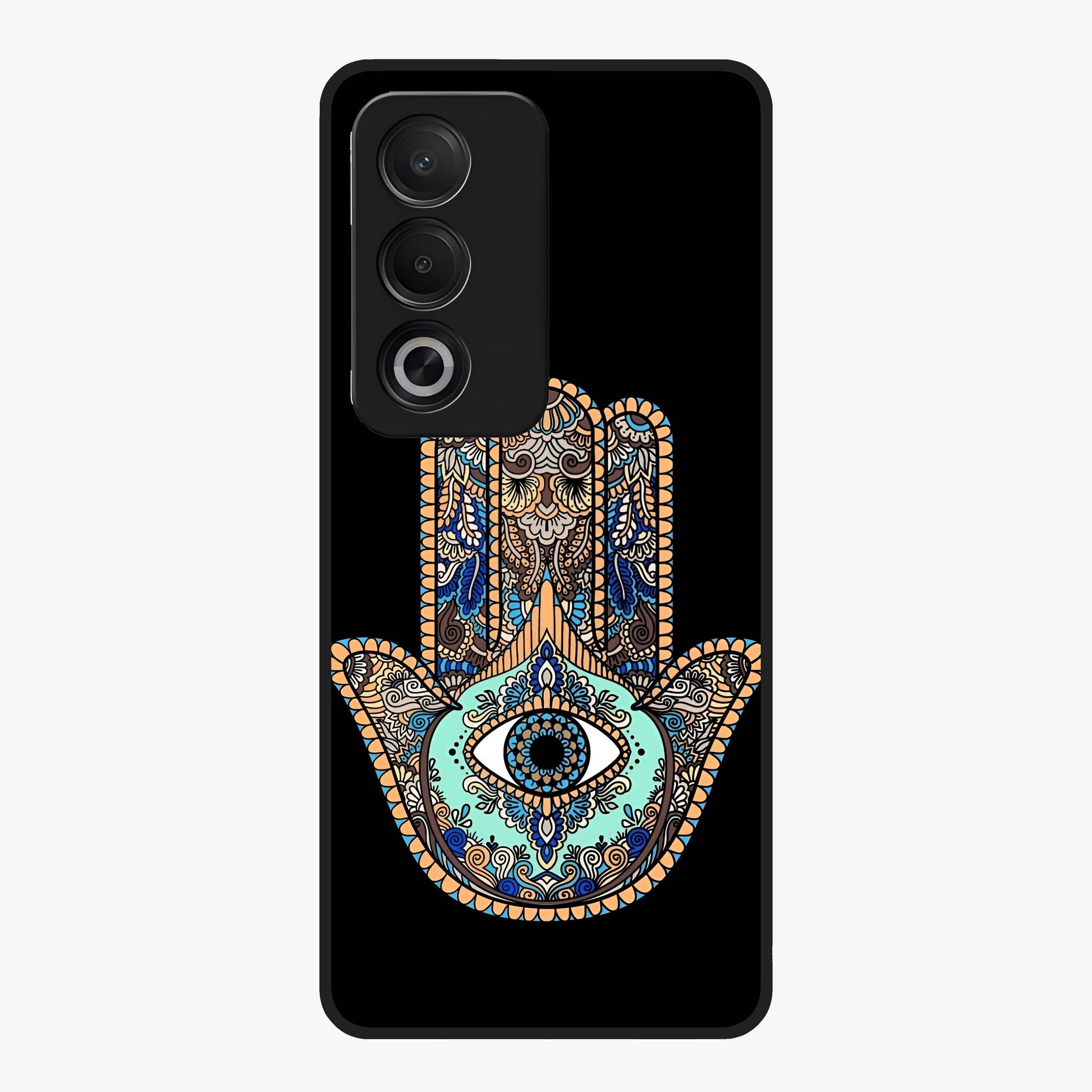 Mystic Hamsa Eye Glass Case showing flat back view with protective hamsa hand and evil eye artwork and glossy glass finish.