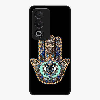 Mystic Hamsa Eye Glass Case showing flat back view with protective hamsa hand and evil eye artwork and glossy glass finish.