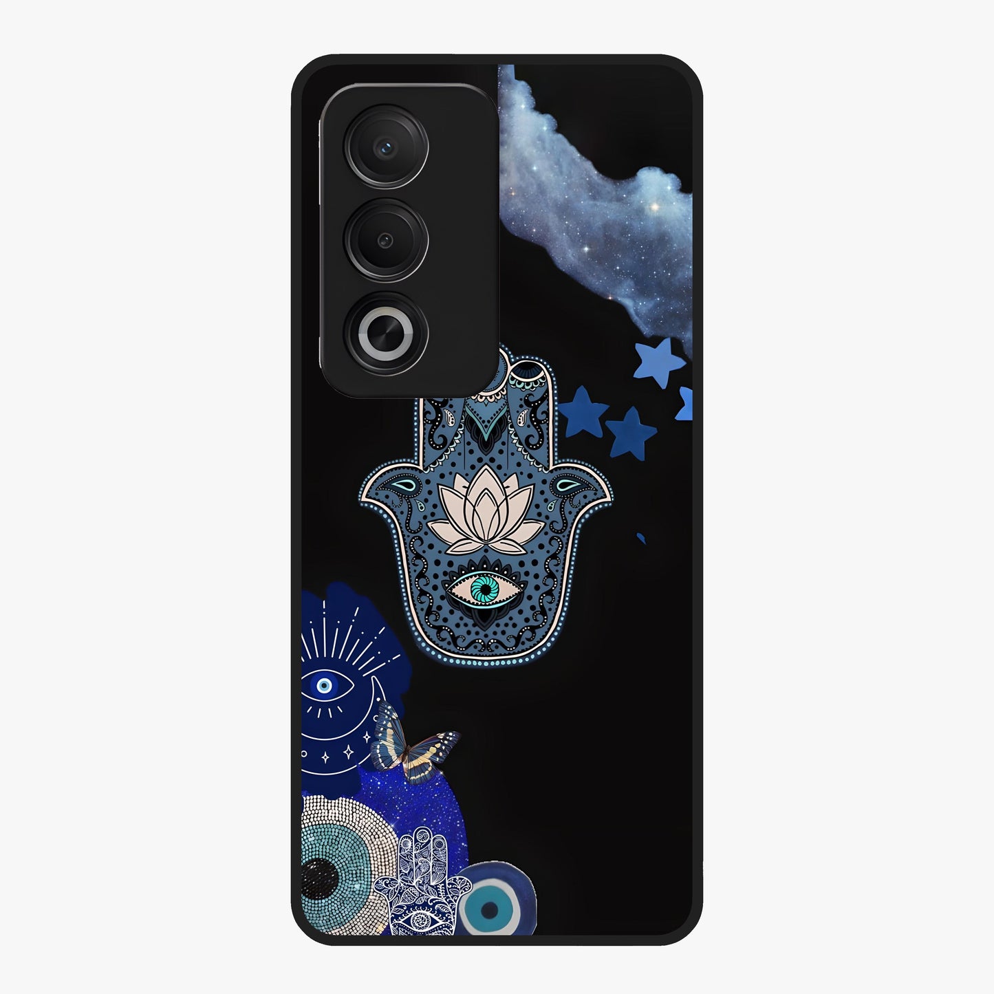 Mystic Hand Aura Glass Case showing flat back view with mystical hand symbol artwork and glossy glass finish.