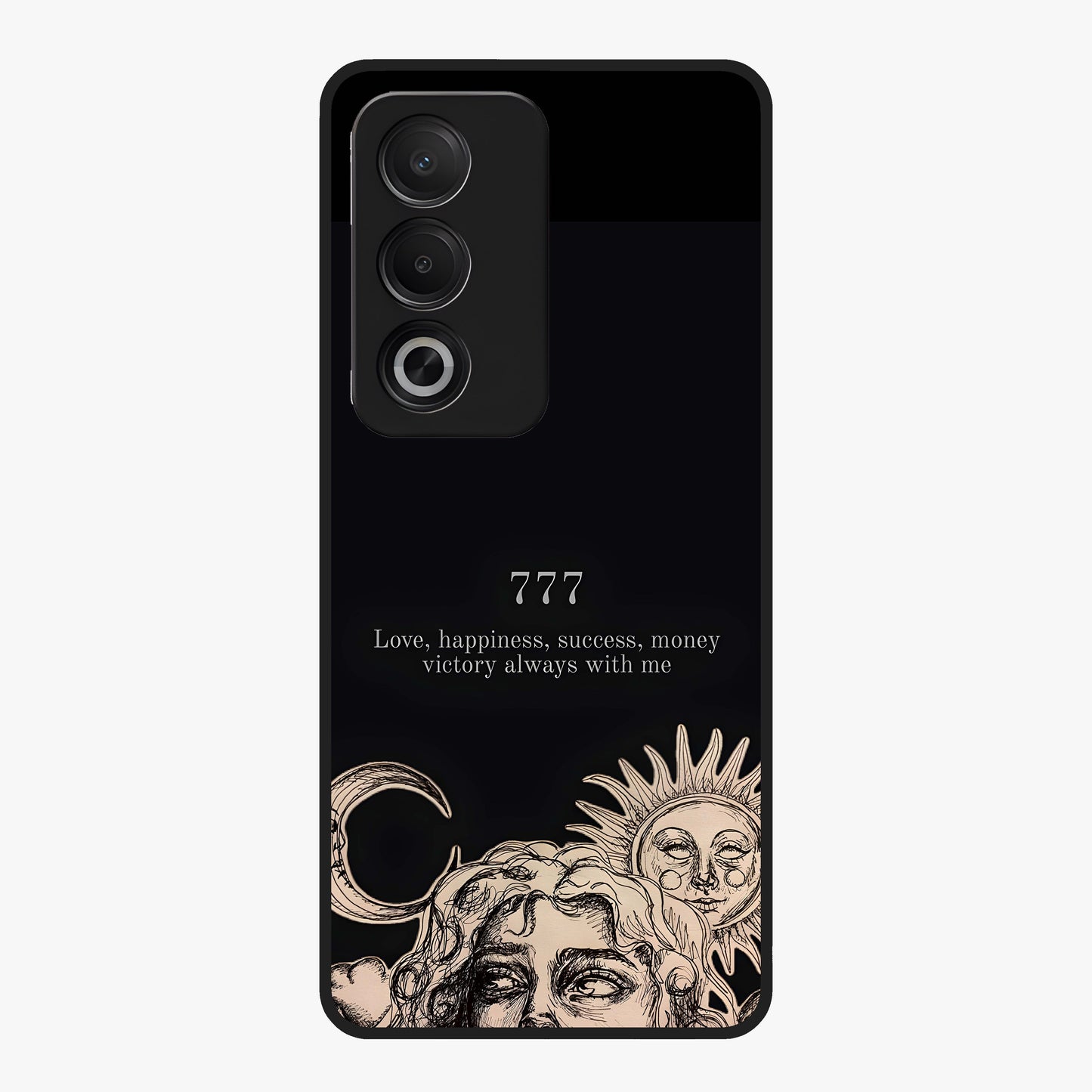 Mystic Victory Aura Glass Case showing flat back view with victory symbol artwork and glossy glass finish.