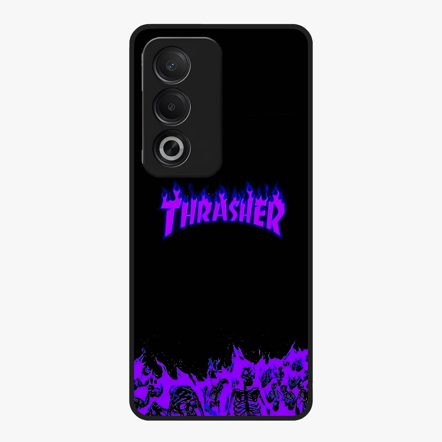 Neon Flame Riot Glass Case showing flat back view with neon flame artwork and glossy glass finish.