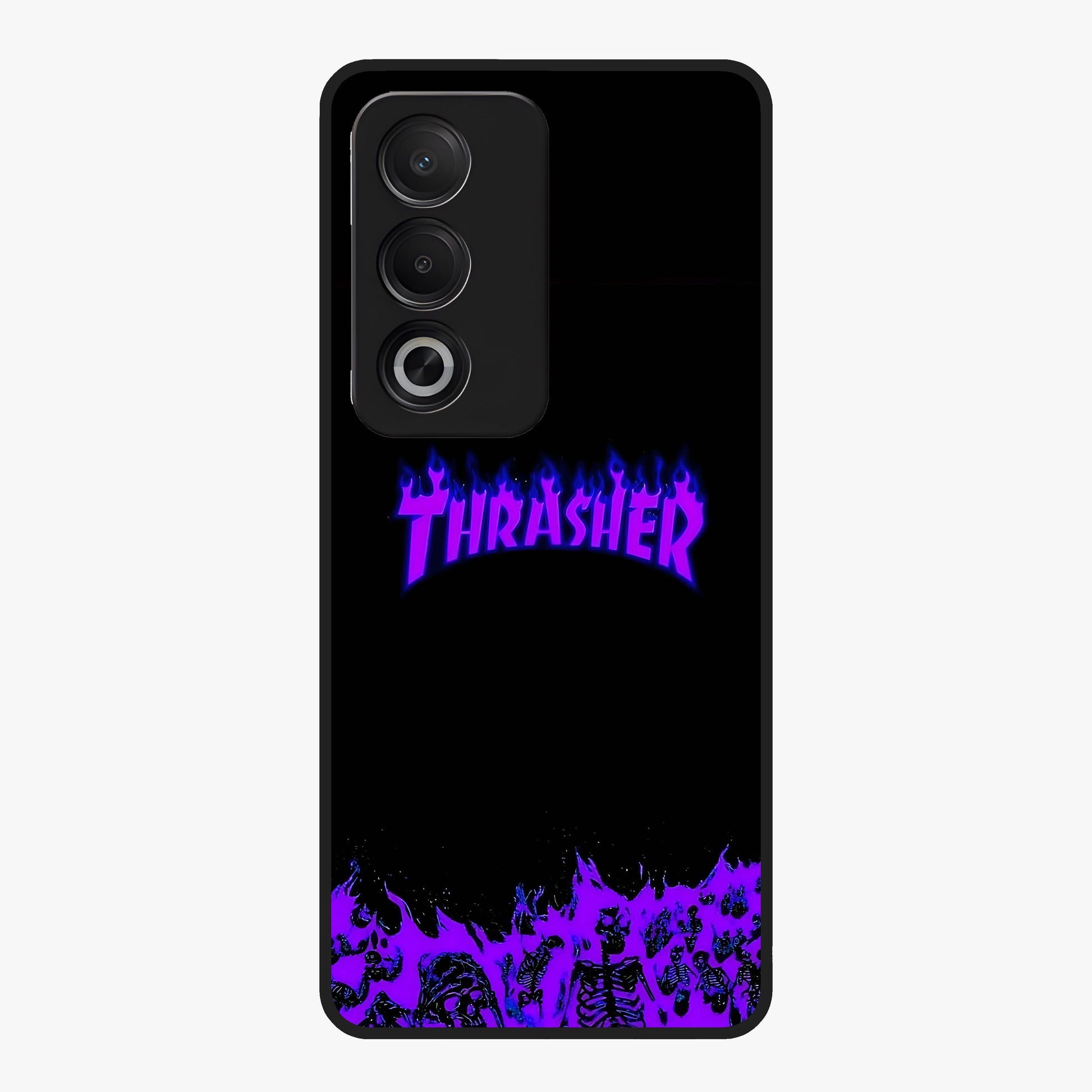 Neon Flame Riot Glass Case showing flat back view with neon flame artwork and glossy glass finish.