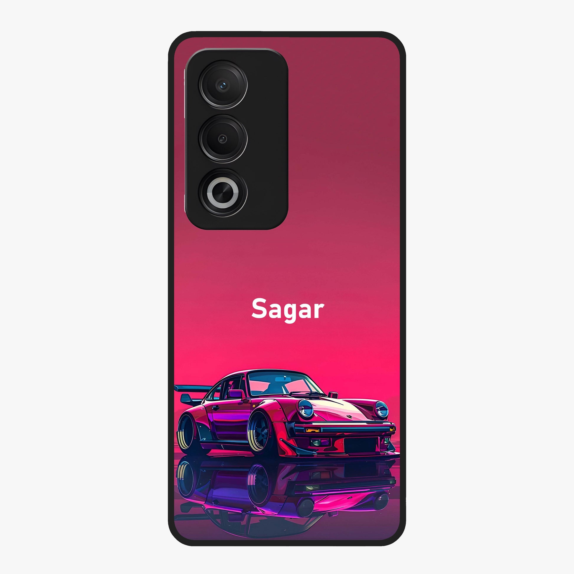 Neon Pink Porsche Glass Case showing flat back view with stylish sports car artwork and glossy glass finish.