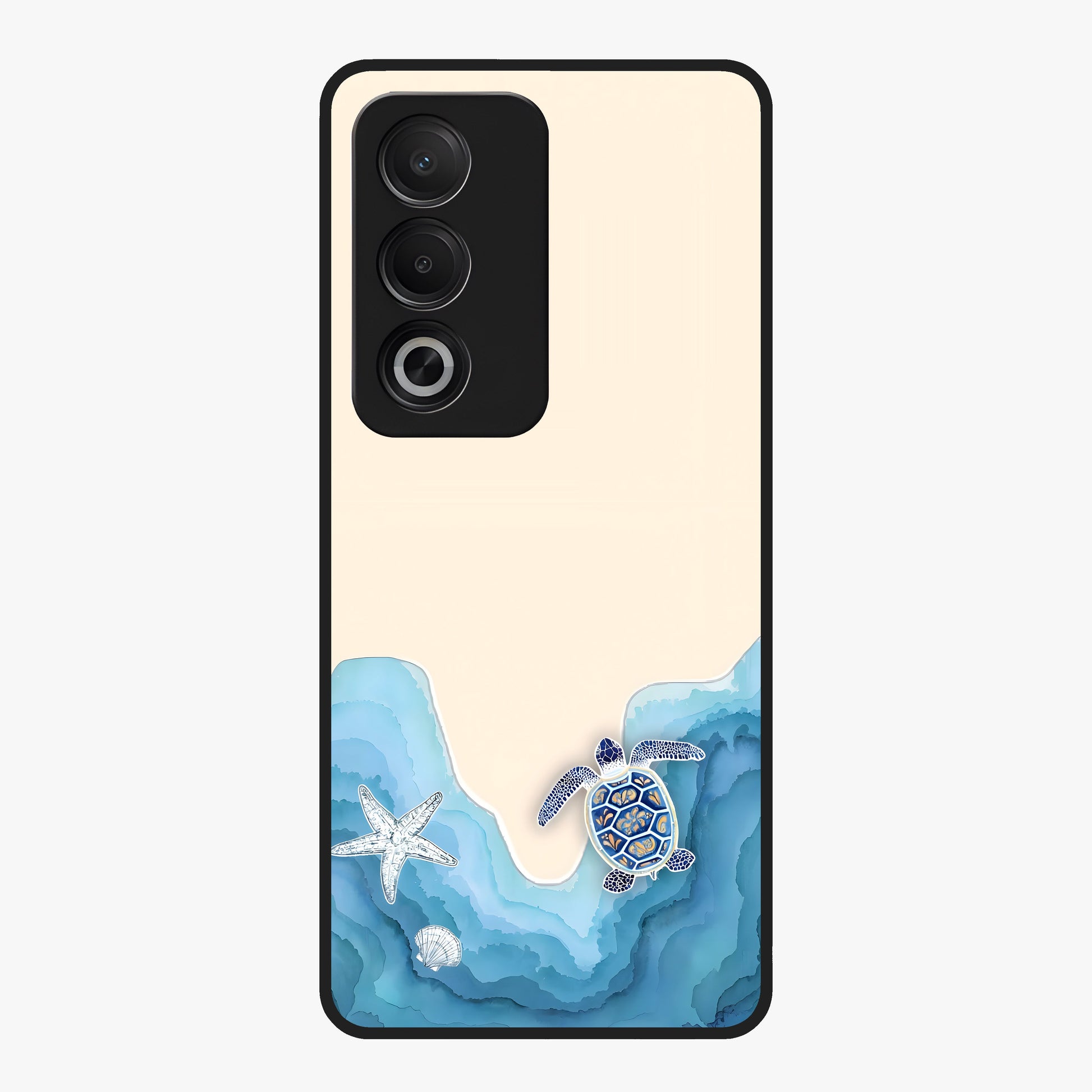 Ocean Drift Turtle Glass Case showing flat back view with sea turtle artwork and glossy glass finish.