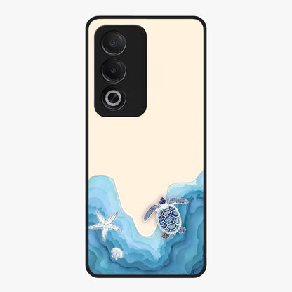 Ocean Drift Turtle Glass Case showing flat back view with sea turtle artwork and glossy glass finish.