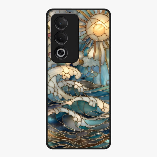 Oceanic Stained Printed Glass Case showing flat back view with ocean inspired stained pattern artwork and glossy glass finish.