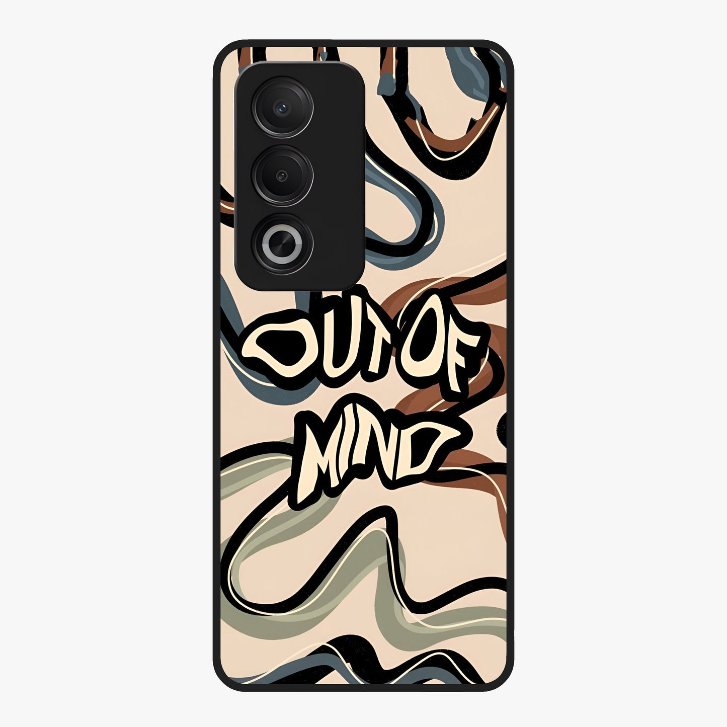Out Of Mind Glass Case showing flat back view with expressive typography artwork and glossy glass finish.