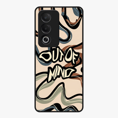 Out Of Mind Glass Case showing flat back view with expressive typography artwork and glossy glass finish.