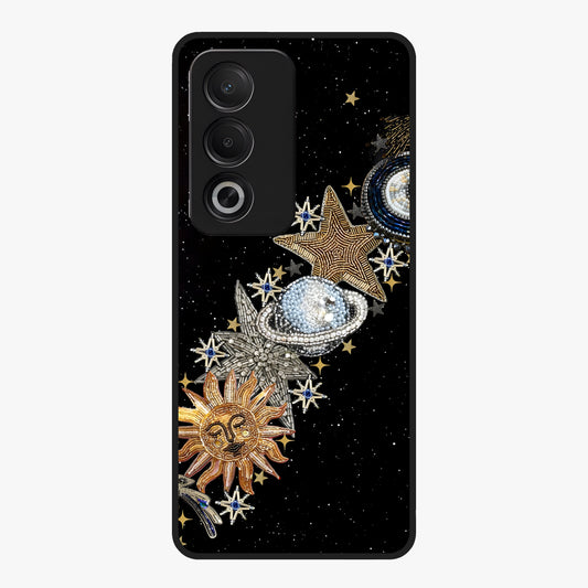 Pearls Universe Object Glass Case showing flat back view with pearl inspired cosmic artwork and glossy glass finish.