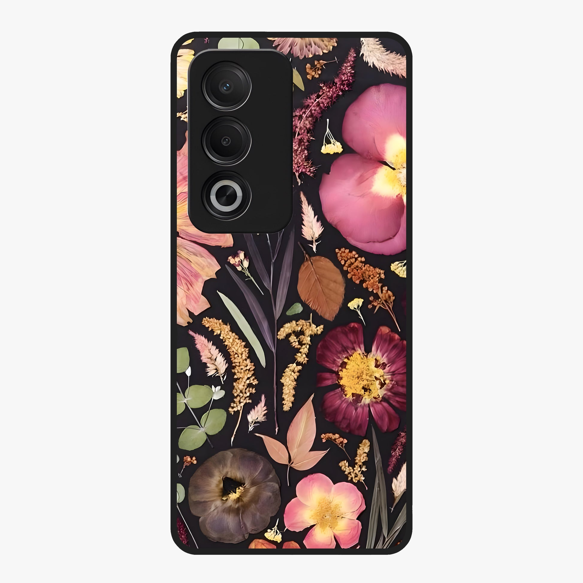 Petal Dream Tapestry Glass Case showing flat back view with intricate floral tapestry artwork and glossy glass finish.