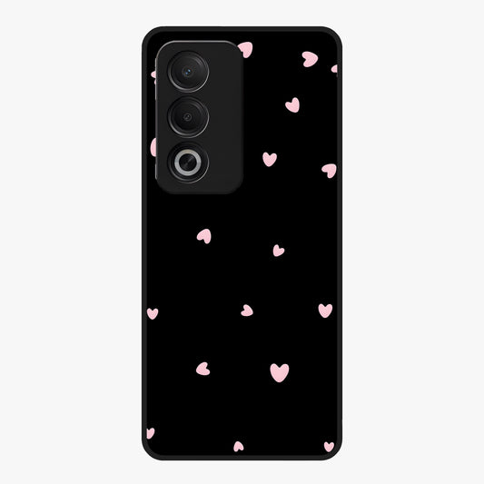 Pink Love Drops Glass Case showing flat back view with playful pink heart drops artwork and glossy glass finish.