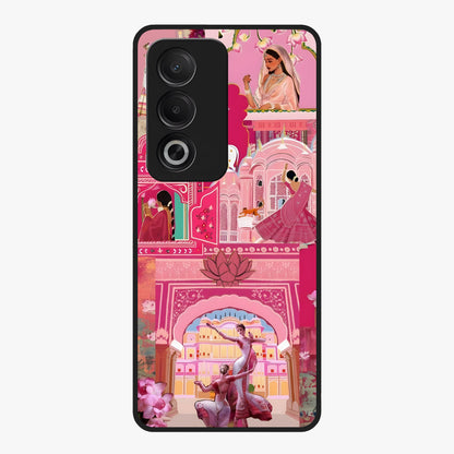 Pink Palace Muse Glass Case showing flat back view with elegant palace inspired artwork and glossy glass finish.