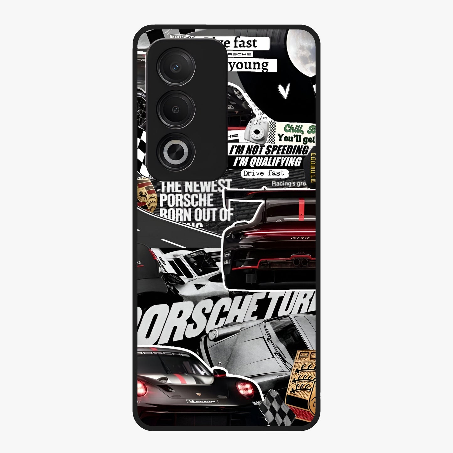 Porsche Racing Collage Glass Case showing flat back view with sports car racing collage artwork and glossy glass finish.