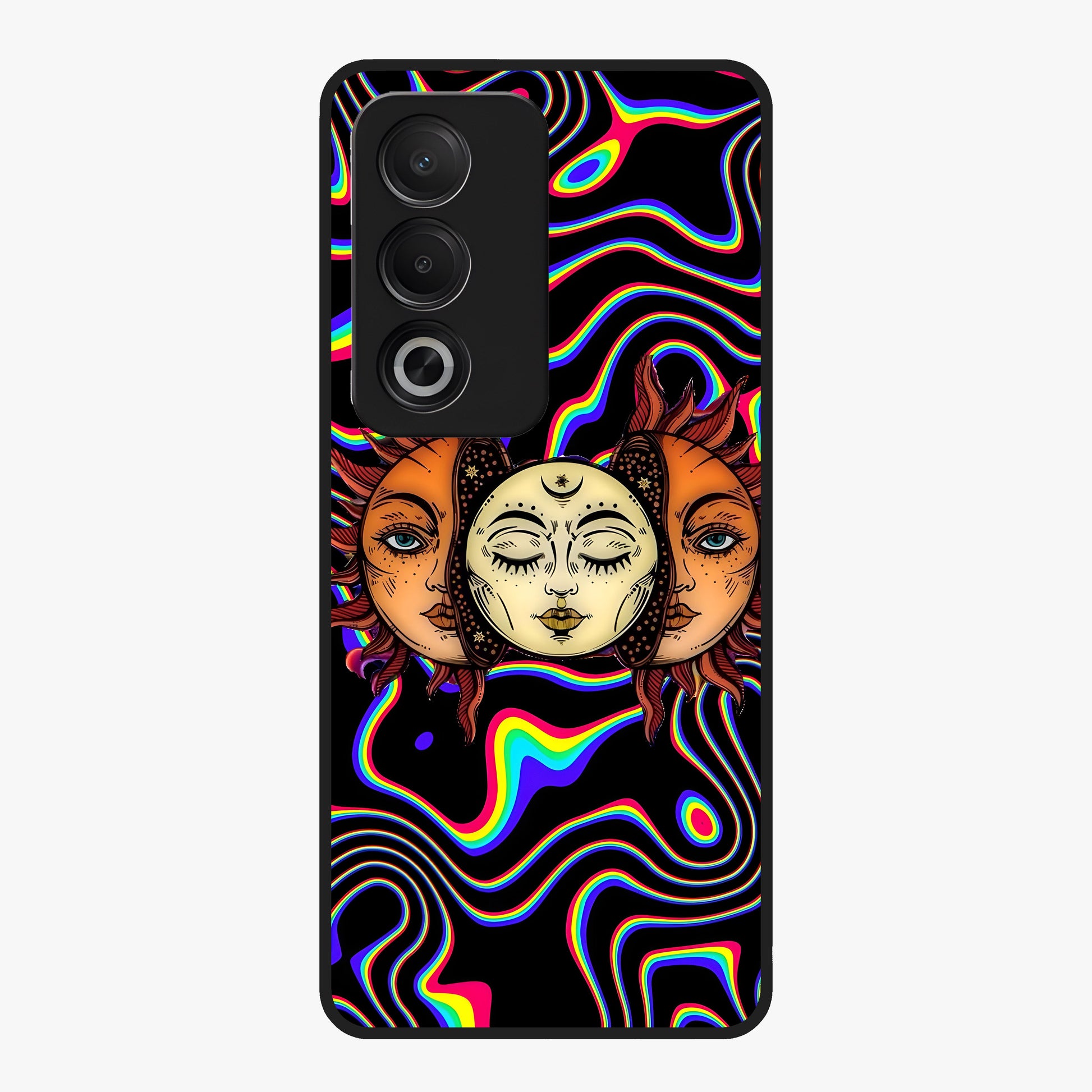 Psychedelic Sun Glass Case showing flat back view with colorful psychedelic sun artwork and glossy glass finish.