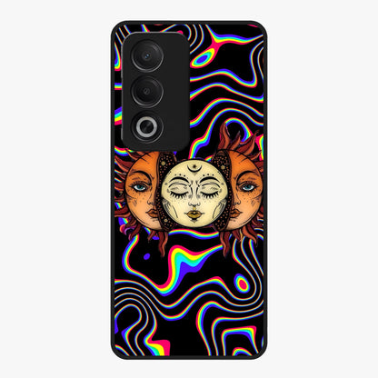 Psychedelic Sun Glass Case showing flat back view with colorful psychedelic sun artwork and glossy glass finish.
