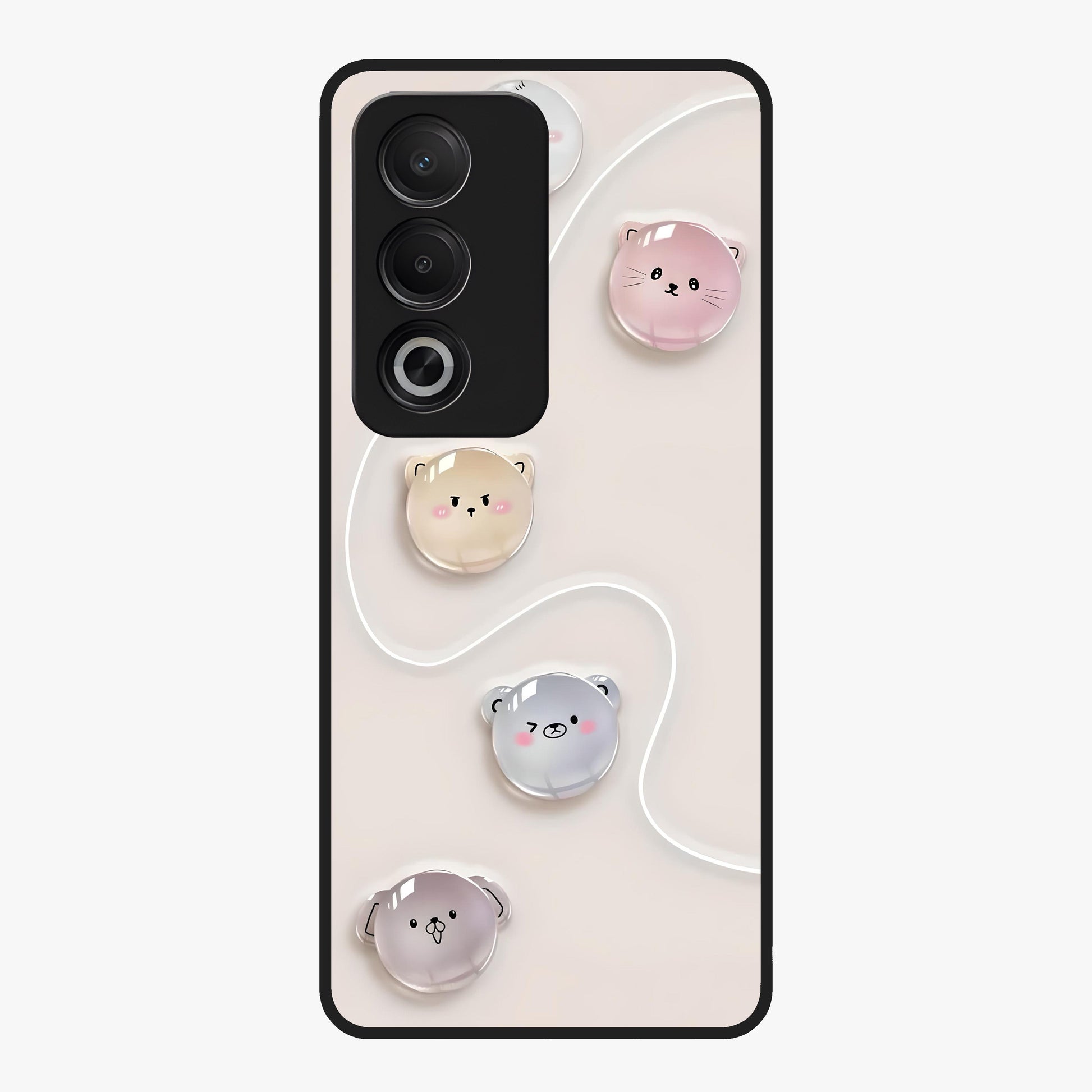 Puffy Face Parade Glass Case showing flat back view with cute puffy character faces artwork and glossy glass finish.