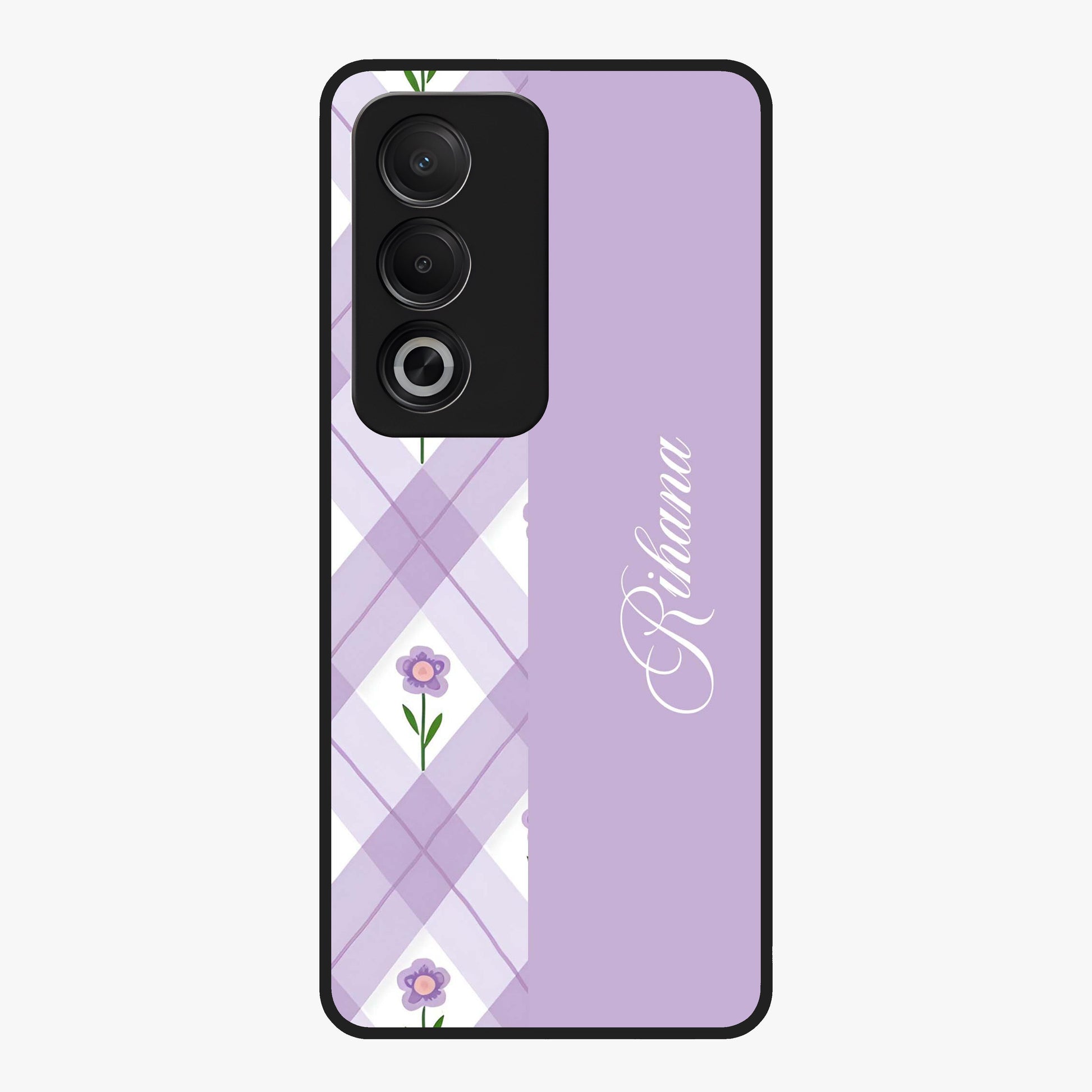 Purple Diamond Floral Glass Case showing flat back view with diamond shaped floral artwork and glossy glass finish.