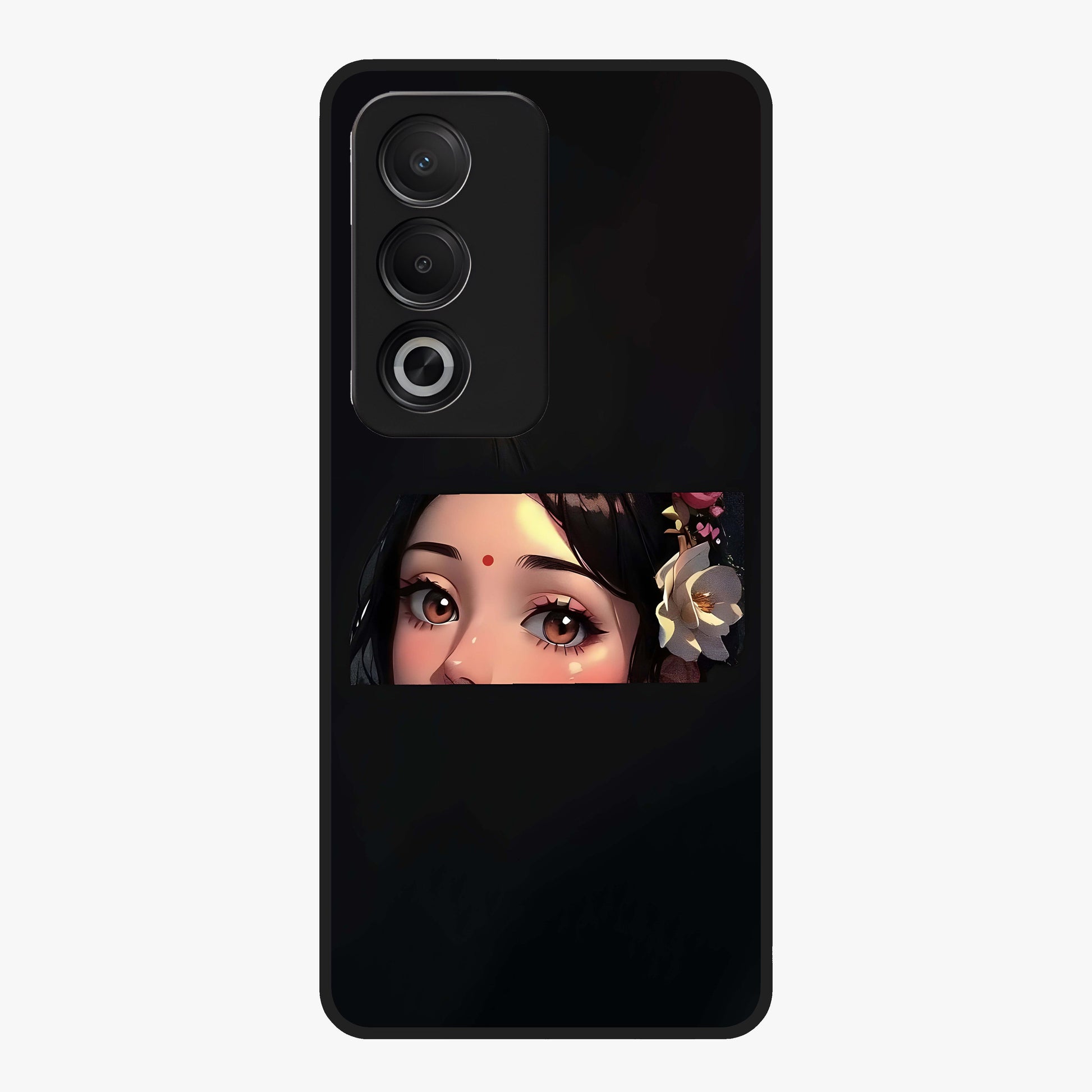 Radha Divine Embrace Glass Case showing flat back view with devotional Radha artwork and glossy glass finish.