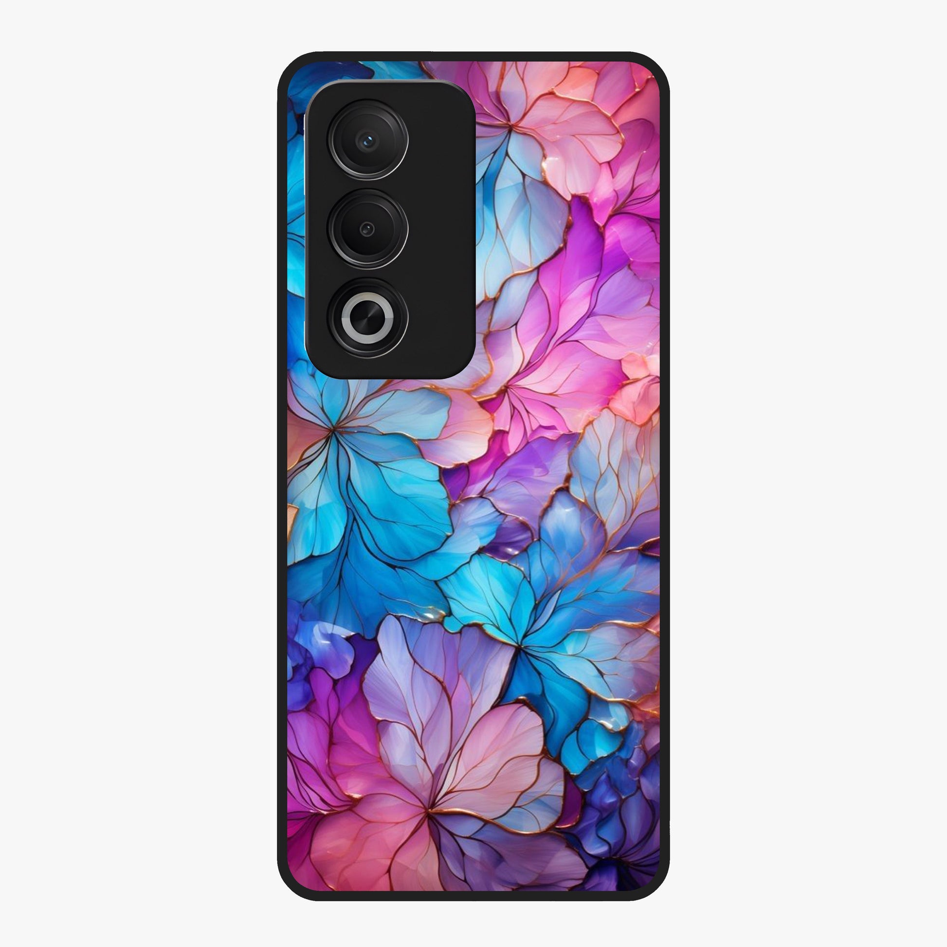 Radiant Floral Whirl Glass Case showing flat back view with swirling floral artwork and glossy glass finish.