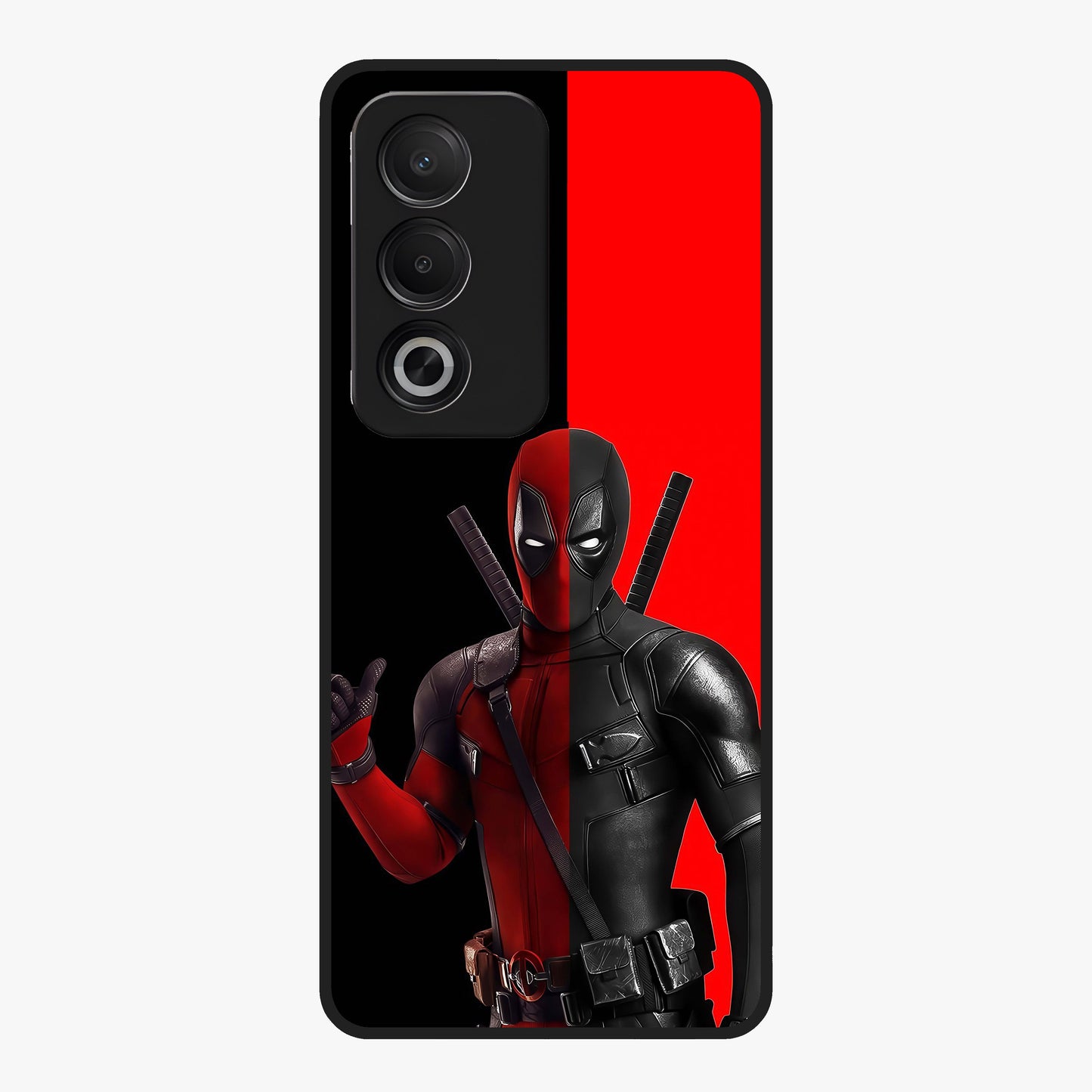 Red & Black Deadpool Theme Glass Case showing flat back view with bold comic inspired artwork and glossy glass finish.