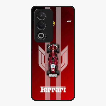 Red Ferrari F1 Vertical Glass Case showing flat back view with sleek Formula racing car artwork and glossy glass finish.