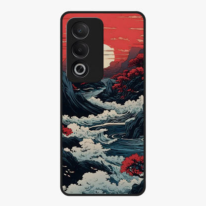 Red Sunset Scenery Glass Case showing flat back view with vibrant sunset landscape artwork and glossy glass finish.