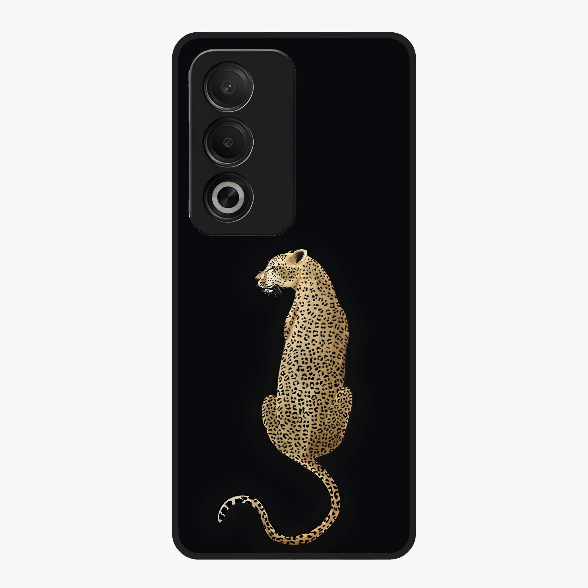 Regal Leopard Glass Case showing flat back view with bold leopard artwork and glossy glass finish.