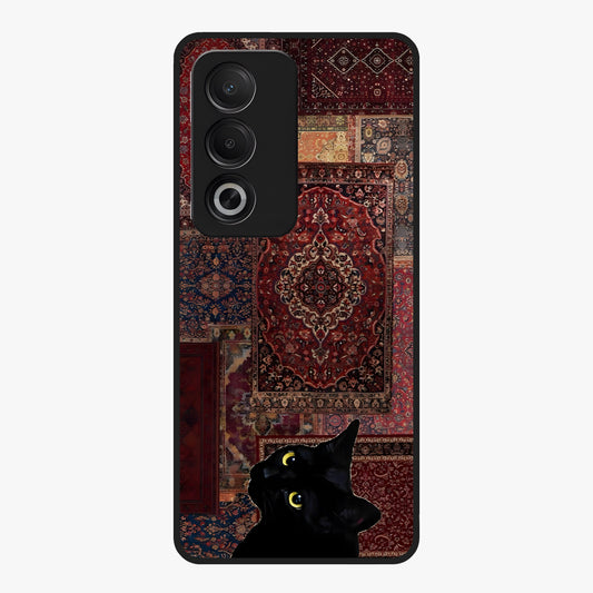 Regal Magic Cat Apple Glass Case showing flat back view with magical cat artwork holding apple and glossy glass finish.