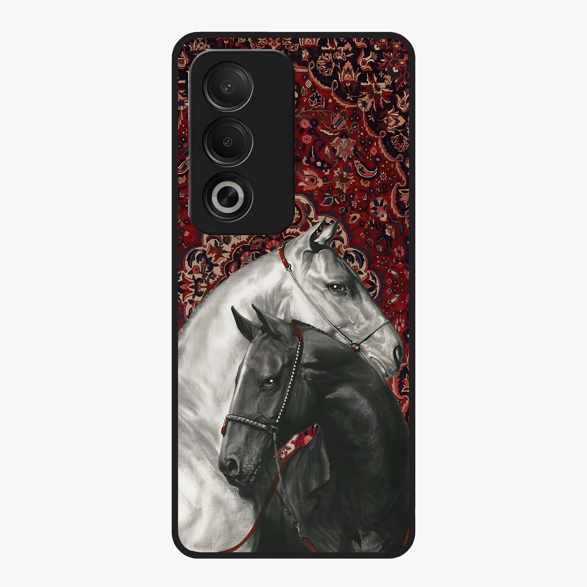 Regal Stallion Tapestry Glass Case showing flat back view with majestic horse tapestry artwork and glossy glass finish.