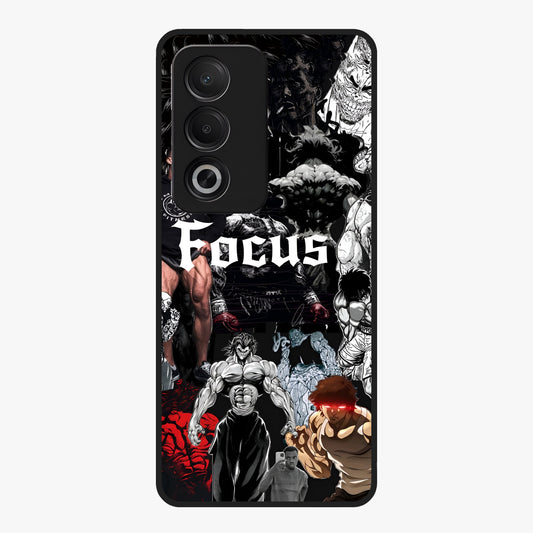 Relentless Power Focus Glass Case showing flat back view with motivational typography artwork and glossy glass finish.