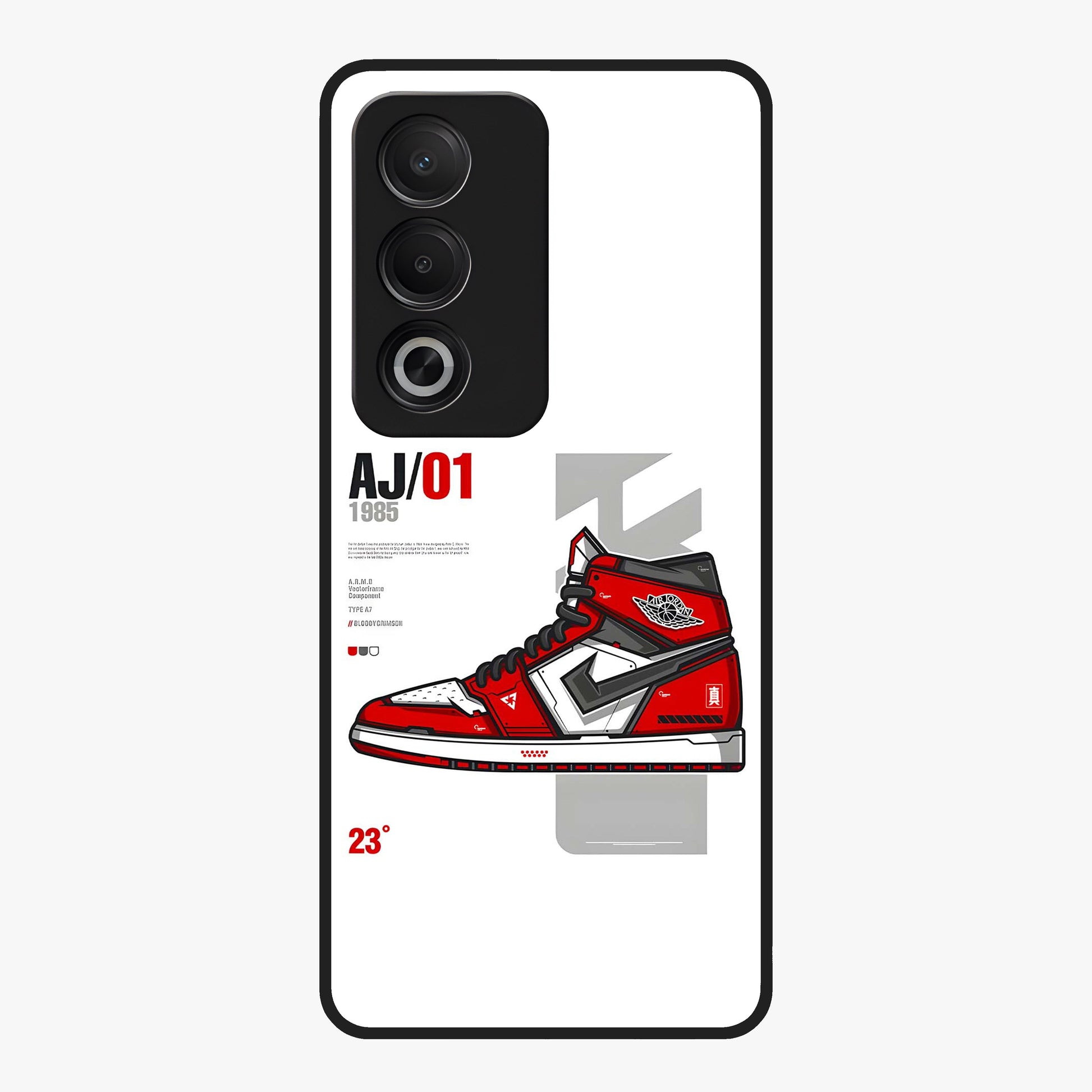 Retro Sneaker Blueprint Glass Case showing flat back view with sneaker blueprint style artwork and glossy glass finish.