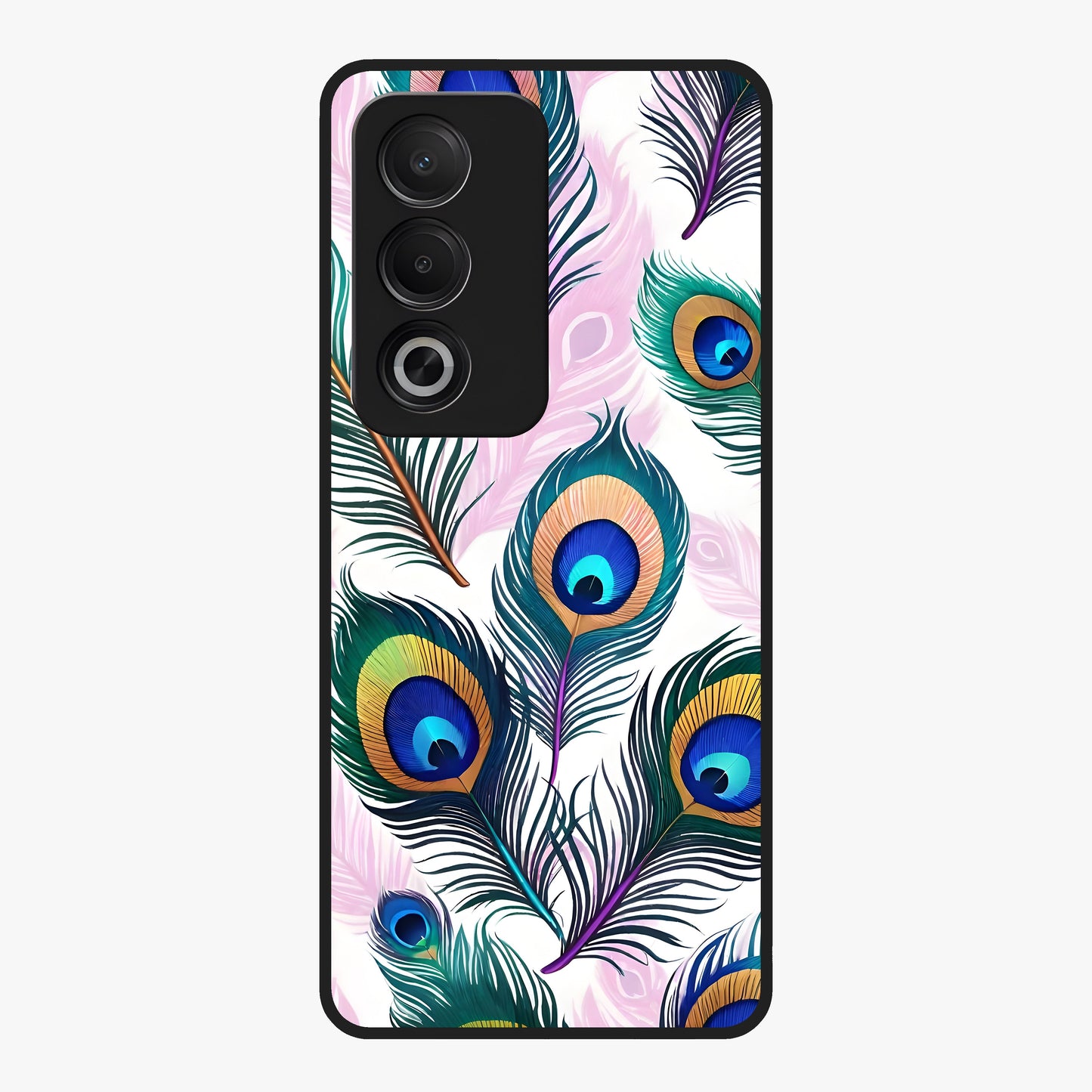 Royal Peacock Feathers Glass Case showing flat back view with colorful peacock feather artwork and glossy glass finish.