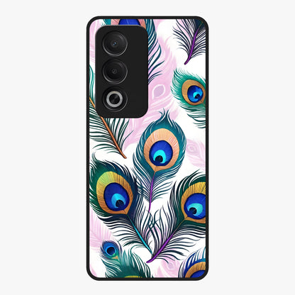 Royal Peacock Feathers Glass Case showing flat back view with colorful peacock feather artwork and glossy glass finish.