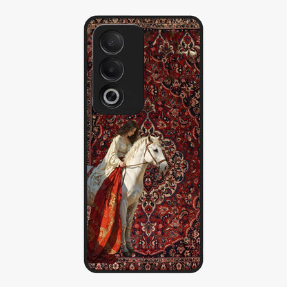 Royal Rider Tapestry Glass Case showing flat back view with majestic horse rider tapestry artwork and glossy glass finish.