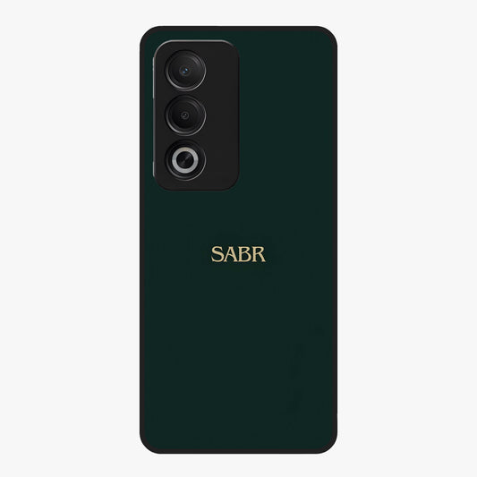 Sabr Minimal Patience Glass Case showing flat back view with minimalist typography artwork and glossy glass finish.
