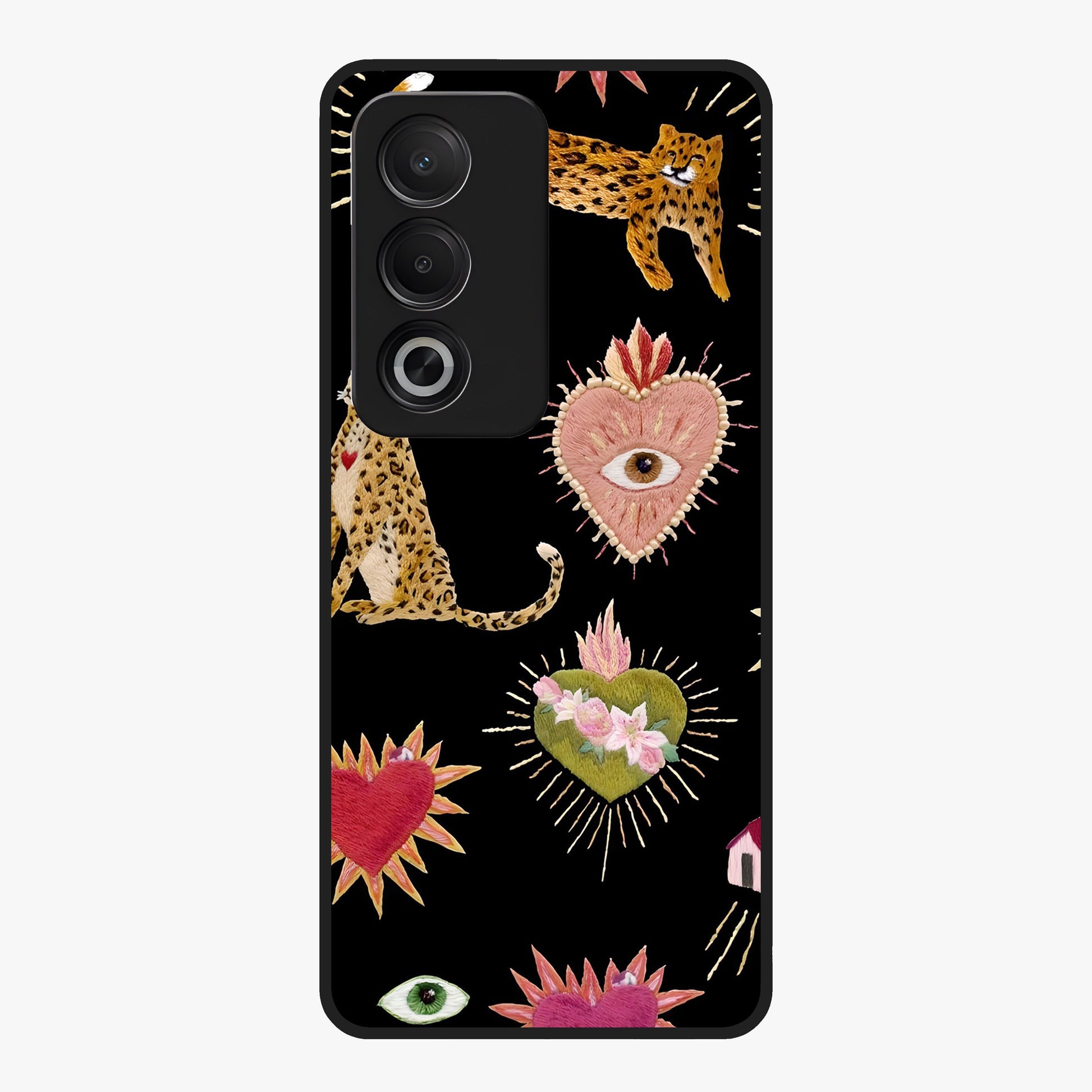 Sacred Jungle Heart Glass Case showing flat back view with jungle inspired heart artwork and glossy glass finish.