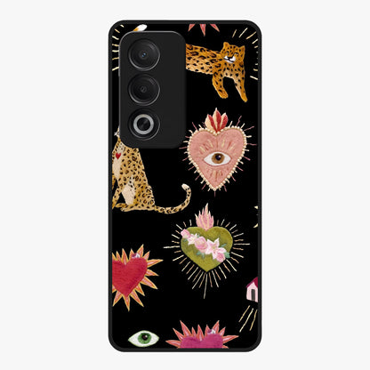 Sacred Jungle Heart Glass Case showing flat back view with jungle inspired heart artwork and glossy glass finish.