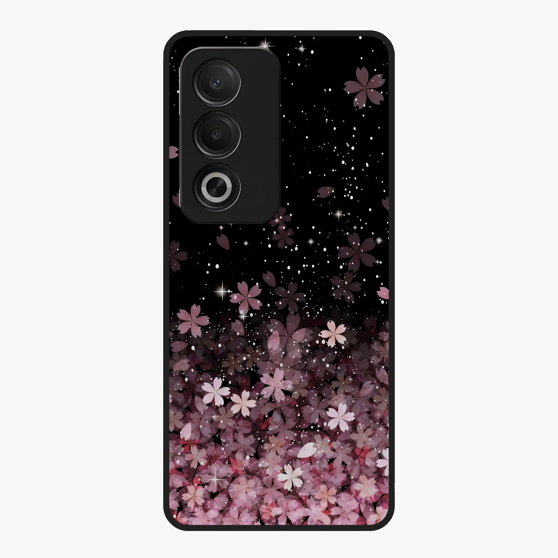 Small Starry Flowers Glass Case showing flat back view with delicate starry floral artwork and glossy glass finish.