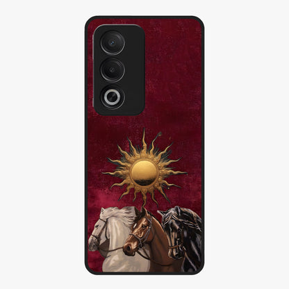 Solar Riders Glass Case showing flat back view with dynamic rider themed artwork and glossy glass finish.