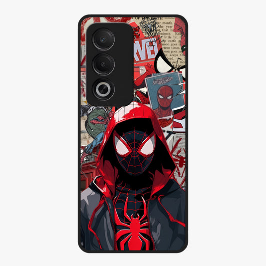 Spider Collage Street Glass Case showing flat back view with vibrant superhero collage artwork and glossy glass finish.