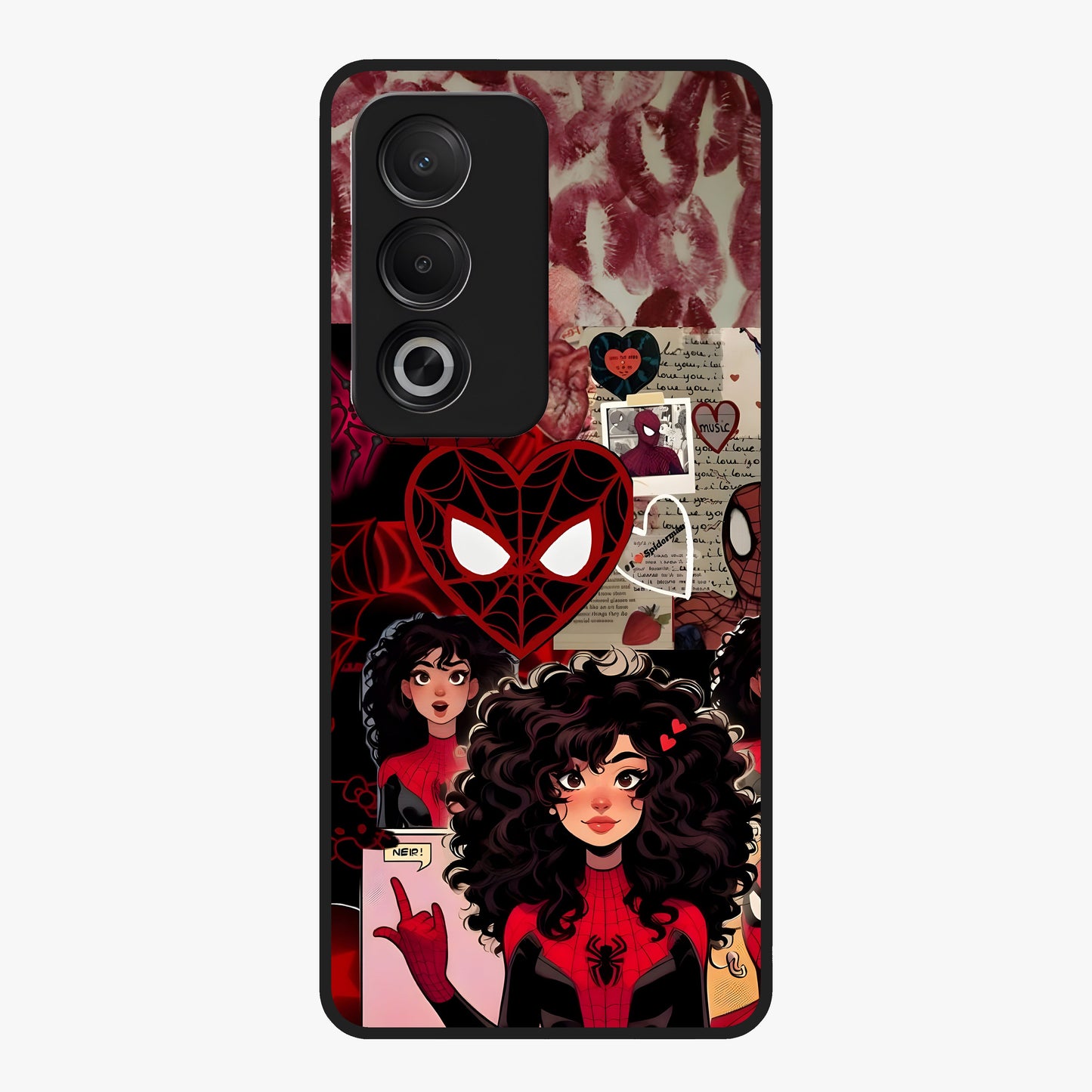 Spider Love Story Glass Case showing flat back view with romantic superhero themed artwork and glossy glass finish.